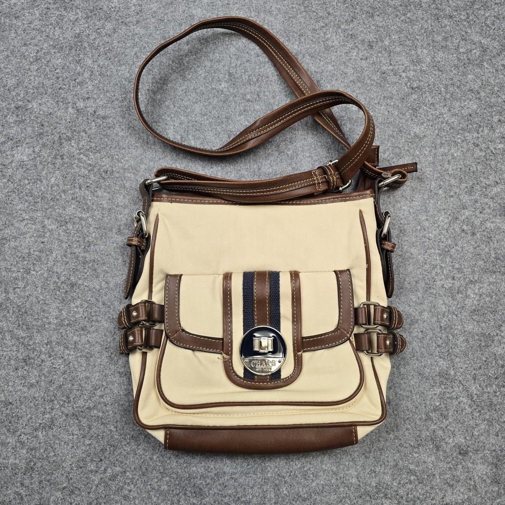 Chaps Crossbody‎ Bag Womens Medium Beige Canvas Faux Leather Buckle Pockets